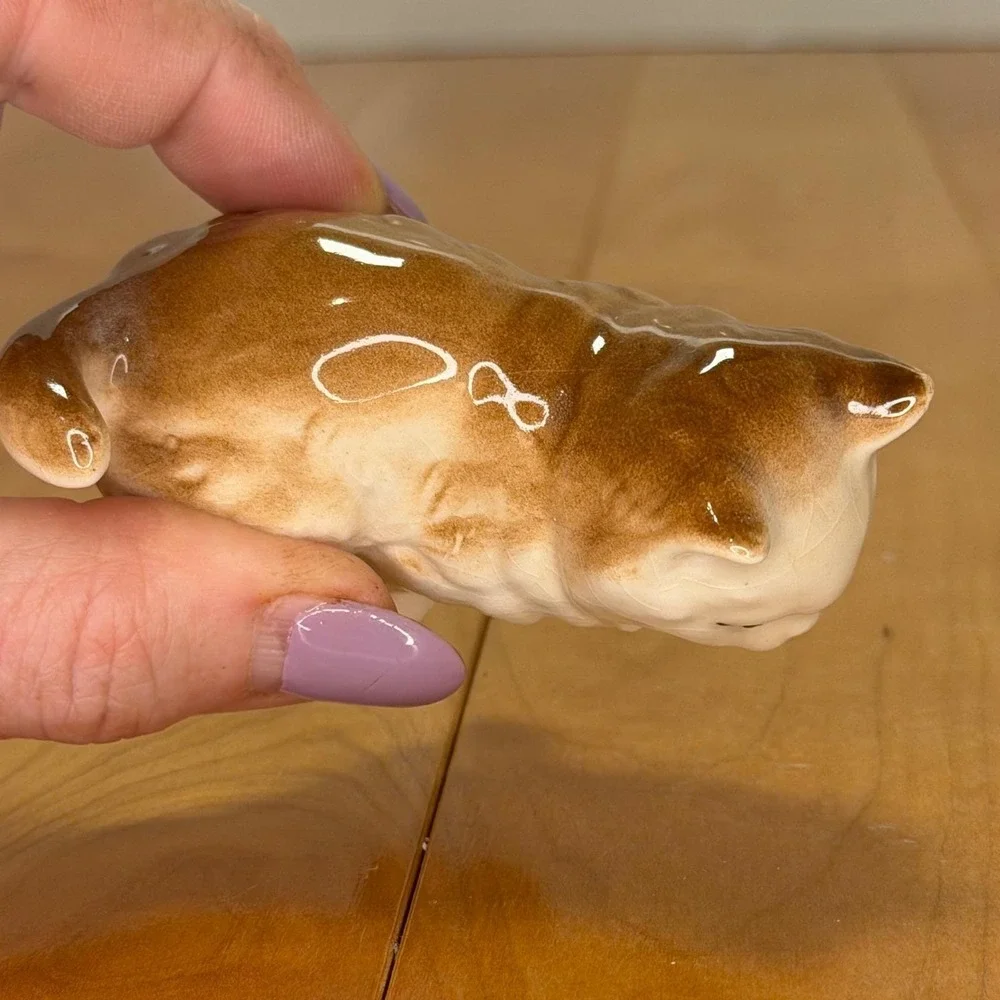 Vintage Ceramic Cat Figurine Miniature Persian Longhair Glossy Glaze Brown White